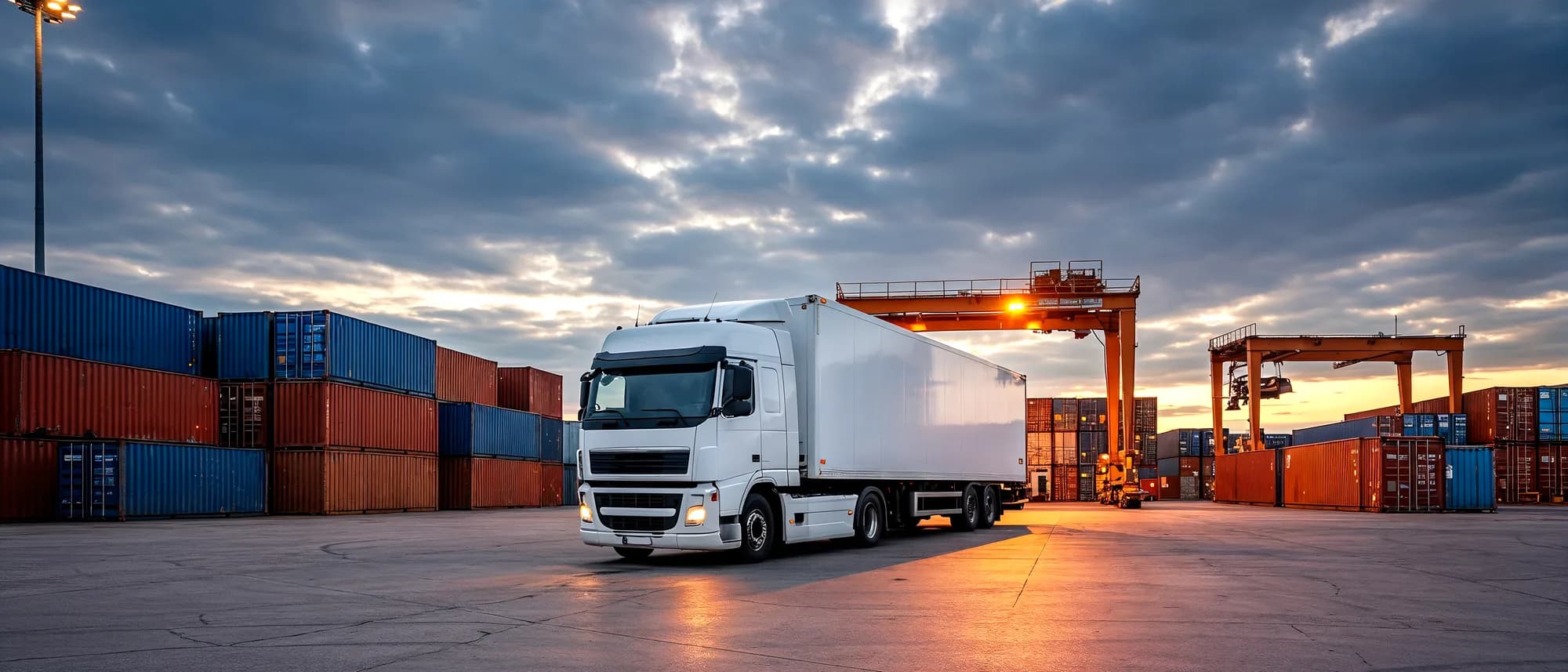 An articulated truck parked among shipping containers at dusk