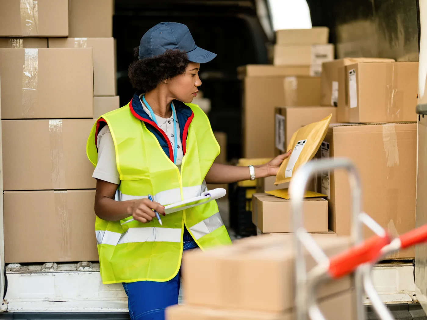 A logistics worker checking packages inside a delivery van