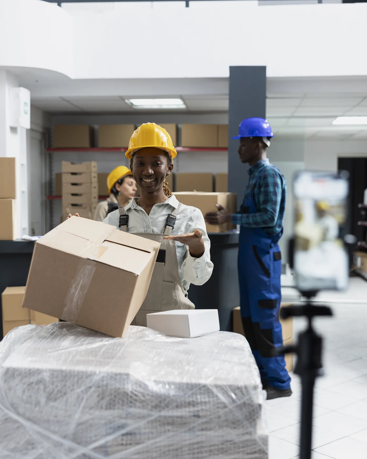 A relocations team wrapping and packing a loaded pallet