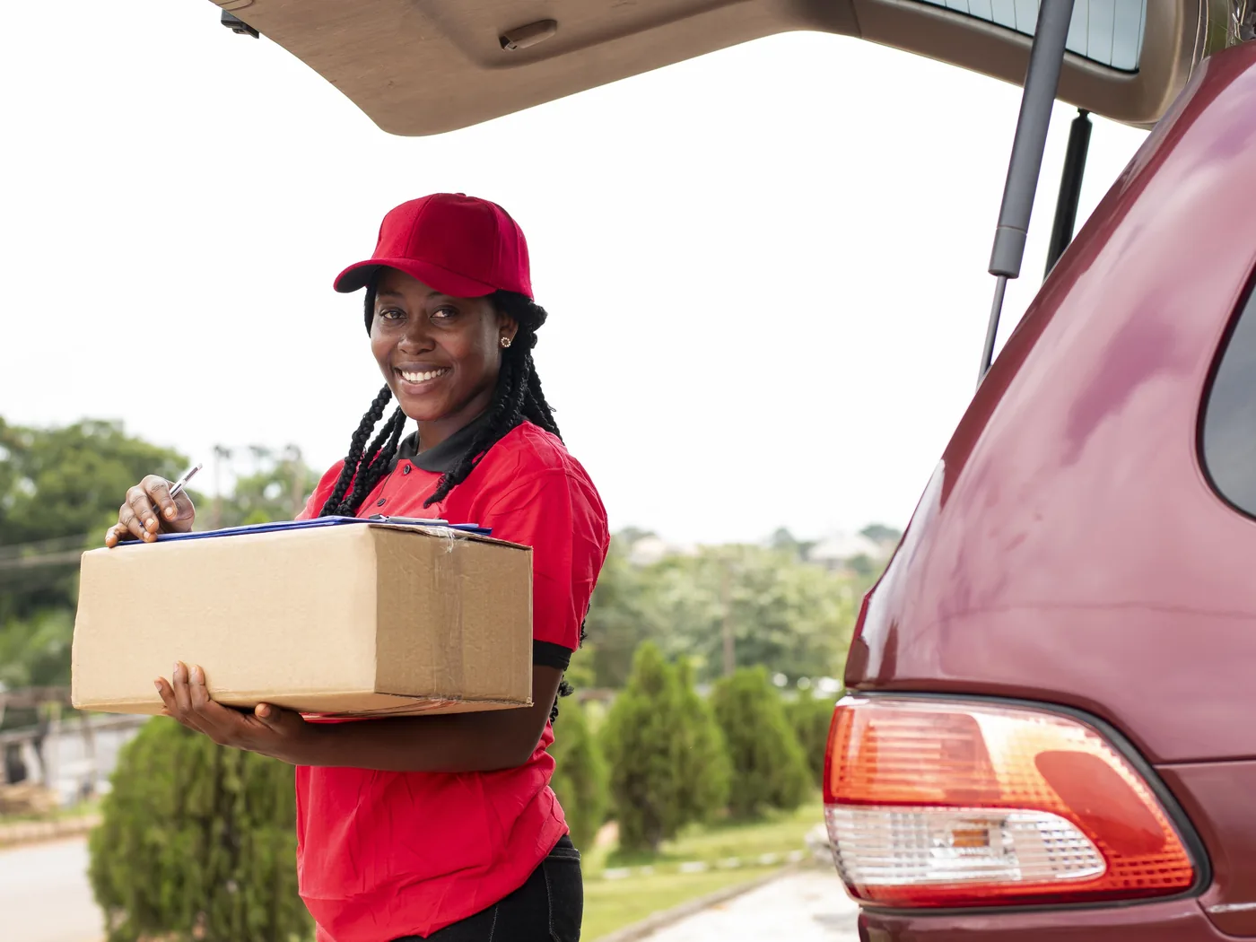 A courier delivering a parcel at a residential gate