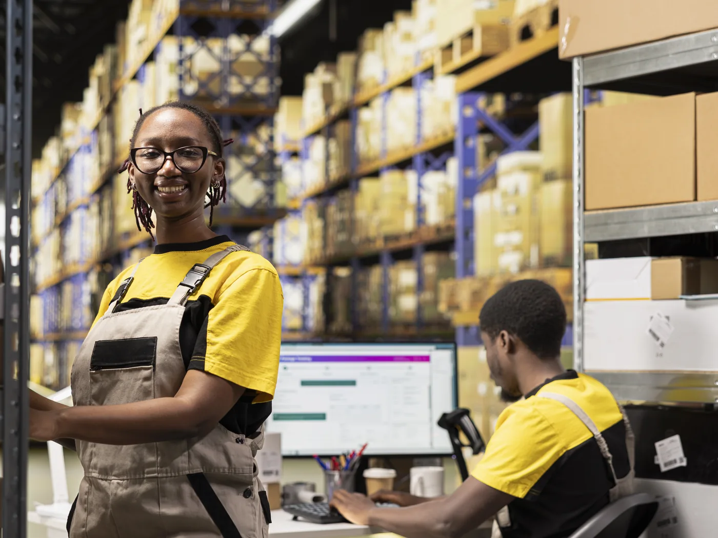 A warehouse worker verifying boxes on pallets